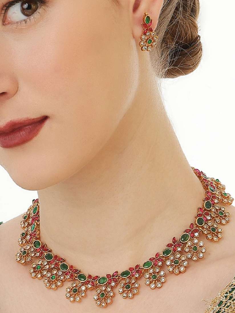 Buy OOMPH Gold Plated Stone Studded Necklace and Earrings Jewellery Set for Women 21882082 Myntra