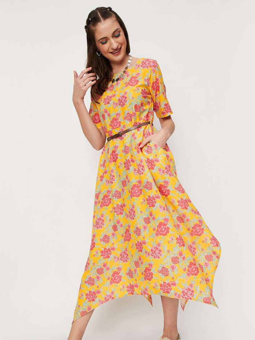 Buy max Floral Printed Asymmetric Fit Flare Dress With Belt Dresses for Women 21889620 Myntra