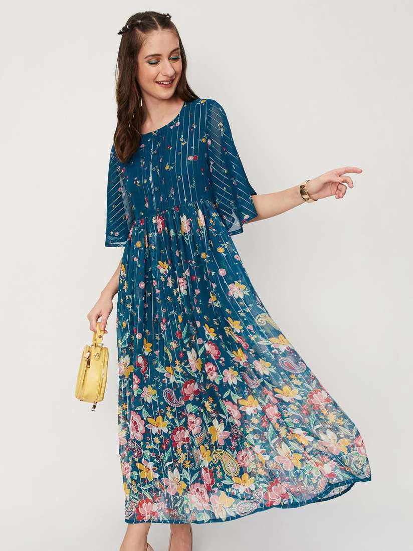 Buy max Round Neck Floral Printed Gathered Maxi Dress Dresses for Women 21889682 Myntra