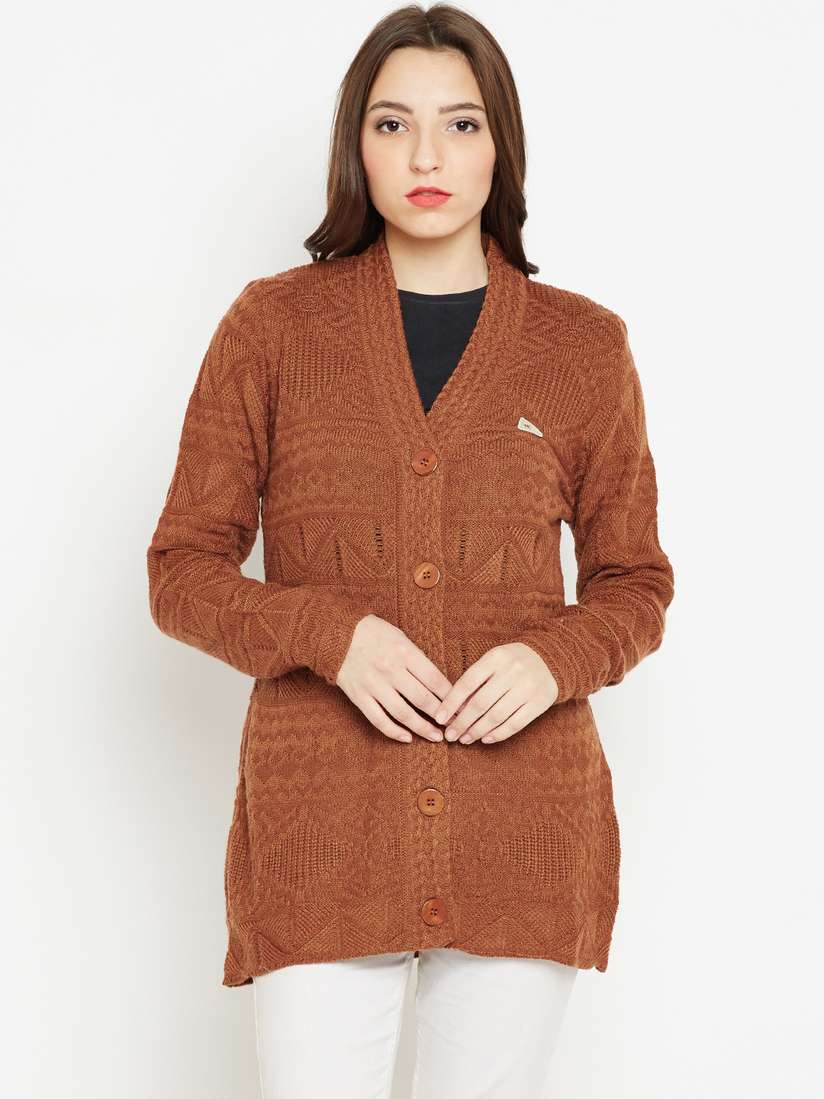 Buy Monte Carlo Women Rust Brown Self-Design Cardigan Sweaters