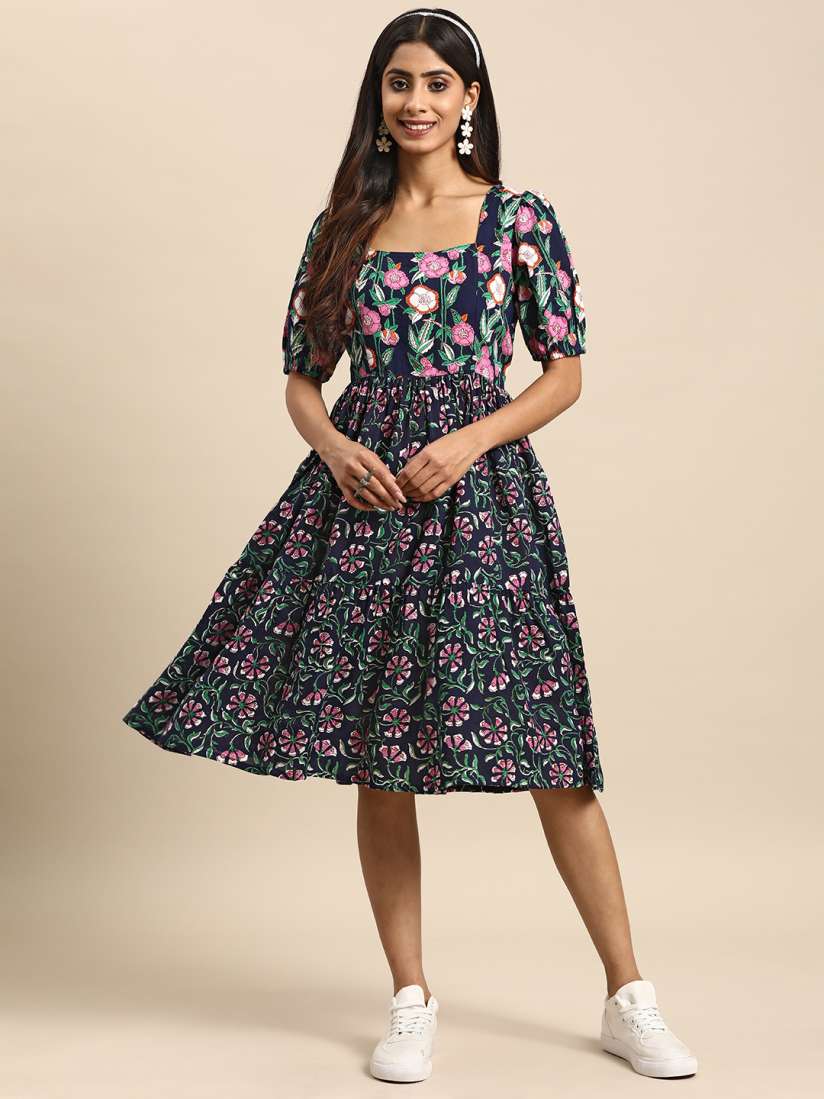Buy Sangria Floral Print Square Neck Fit Flare Midi Dress Dresses for Women 21906496 Myntra