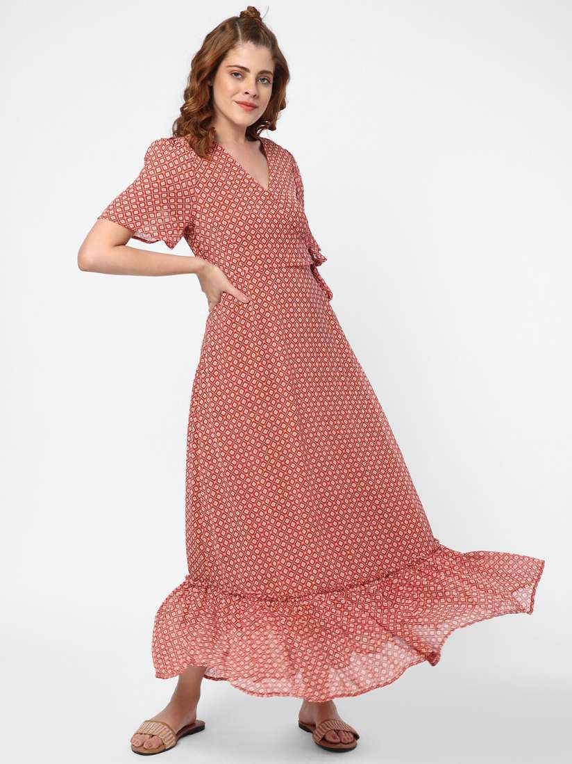 Buy R B V Neck Geometric Printed Flounce Maxi Dress Dresses for Women 21968046 Myntra