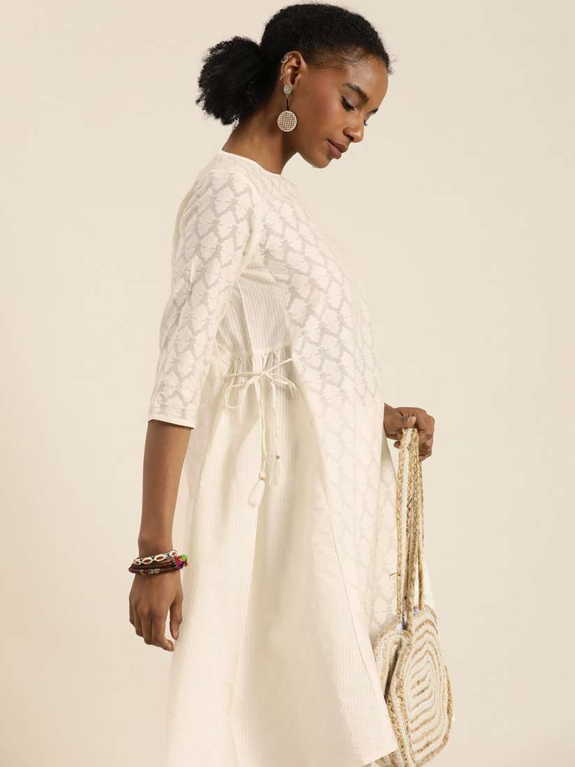 Buy Taavi Cora Off White Woven Design A Line Kurta With Tie ups Detail Kurtas for Women 22016998 Myntra