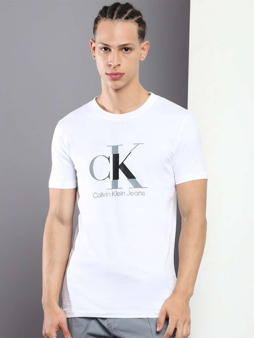 Buy Calvin Klein Jeans Brand Logo Printed Round Neck Slim Fit Cotton T shirt Tshirts for Men 22046680 Myntra