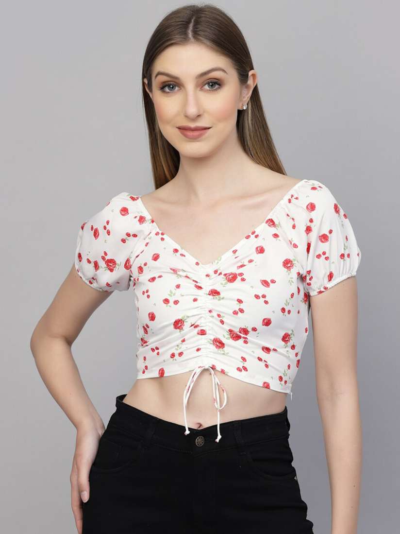 Buy aayu Floral Printed Puff Sleeves V Neck Ruched Fitted Crop Top Tops for Women 22055590 Myntra