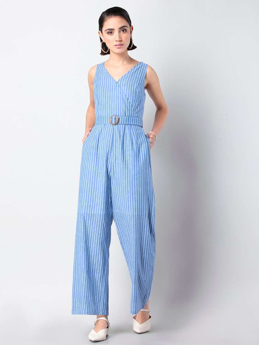 Buy FabAlley Striped V Neck Belted Pure Cotton Basic Jumpsuit Jumpsuit for Women 22063674 Myntra