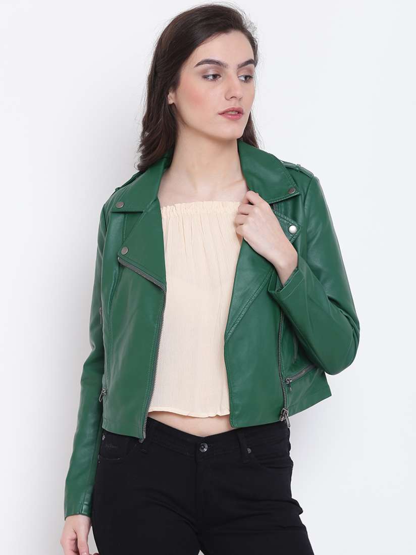 Buy FOREVER 21 Women Green Solid Faux Leather Biker Jacket Jackets for Women 2206656 Myntra