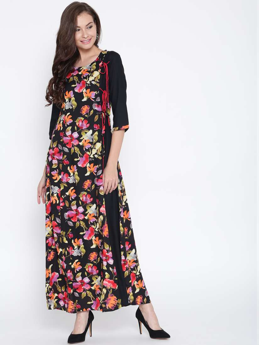 Buy Shree Women Black Pink Floral Print Maxi Dress Dresses for Women 2208243 Myntra
