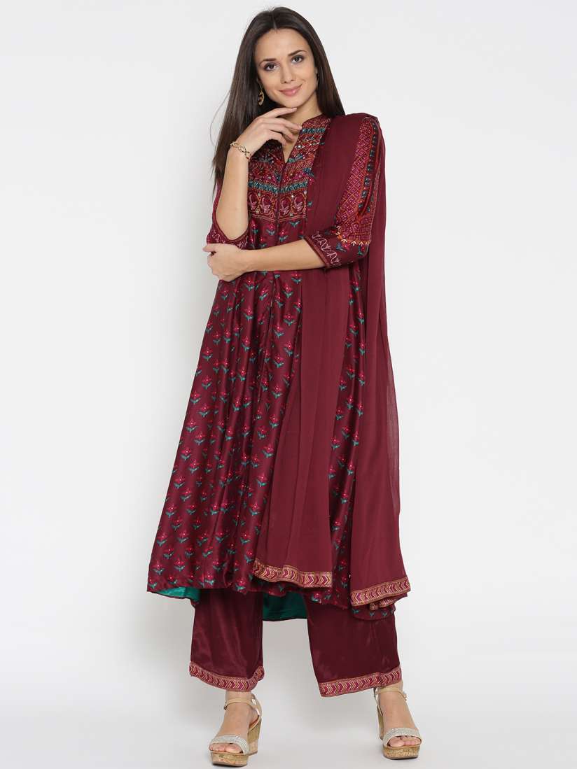 Buy Biba Women Burgundy Printed Anarkali Kurta with Trousers Dupatta Kurta Sets for Women 2211117 Myntra