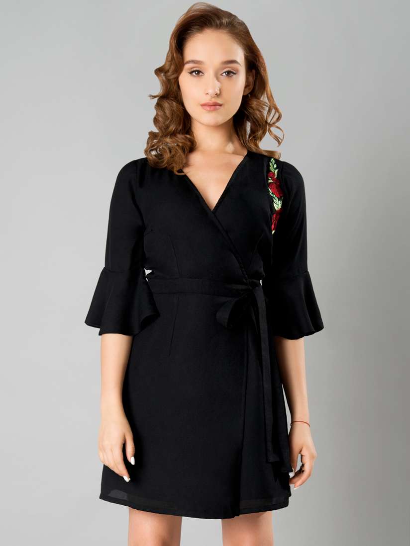 Wrap Dress Faballey Black Dress FABALLEY Women Embellished Ruched