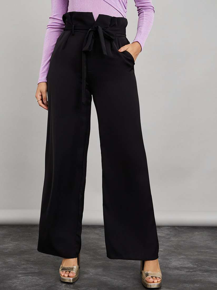 Buy Styli Women Tie Up Paper Bag Waist Wide Leg Trouser Trousers for Women 22136066 Myntra