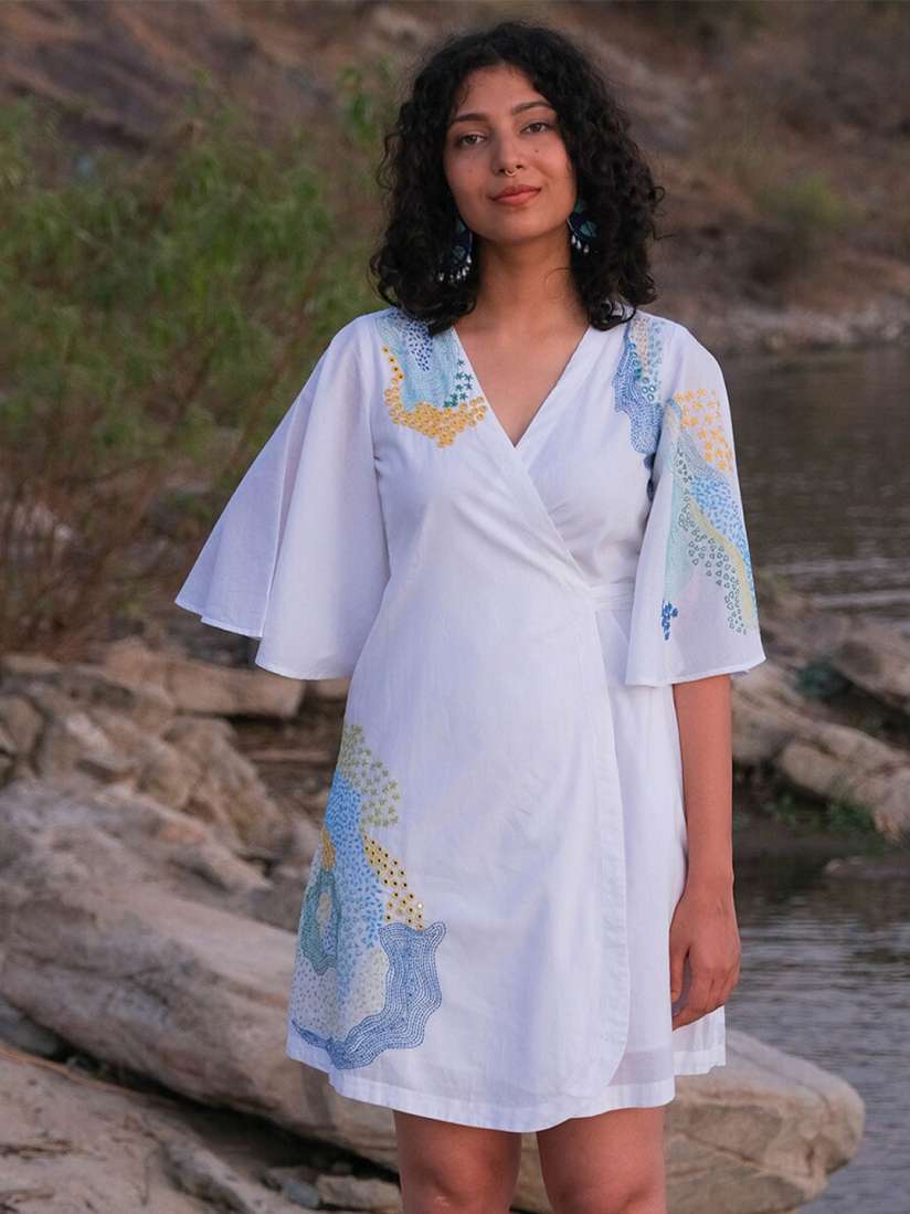 White embroidered wrap dress cheap