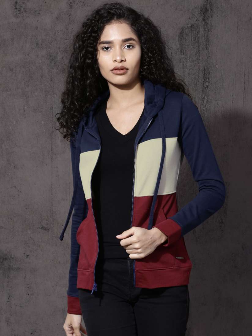 Buy Roadster Women Maroon Navy Blue Colourblocked Hooded Sweatshirt Sweatshirts for Women 2214999 Myntra