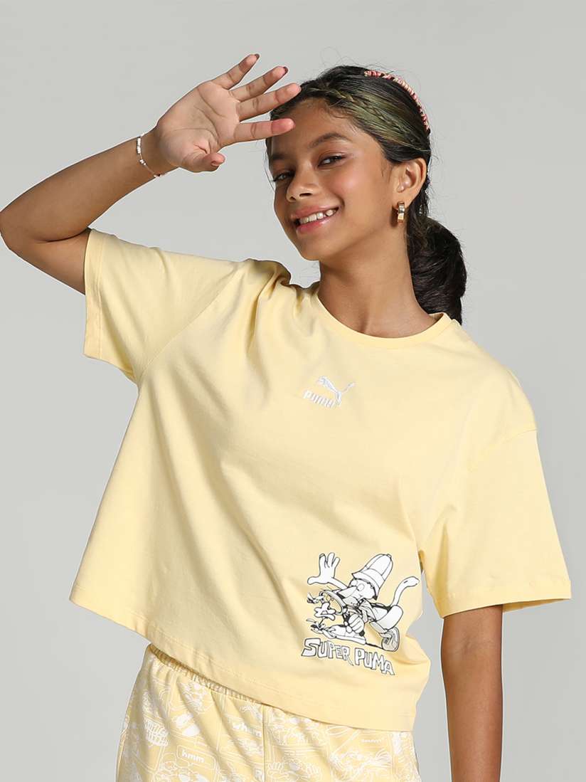 Buy Puma Girls Super Puma Printed Drop Shoulder Sleeves Pure Cotton Oversized T shirt Tshirts for Girls 22162996 Myntra