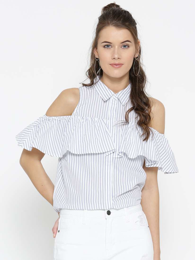 Buy FOREVER 21 Women White Blue Striped Cold Shoulder Shirt Style Top Tops for Women 2220594 Myntra