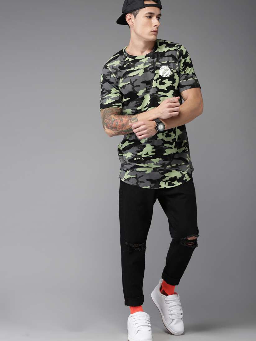 Buy Moda Rapido Men Black Grey Camouflage Print Round Neck Longline Pure Cotton T shirt Tshirts for Men 2221347 Myntra