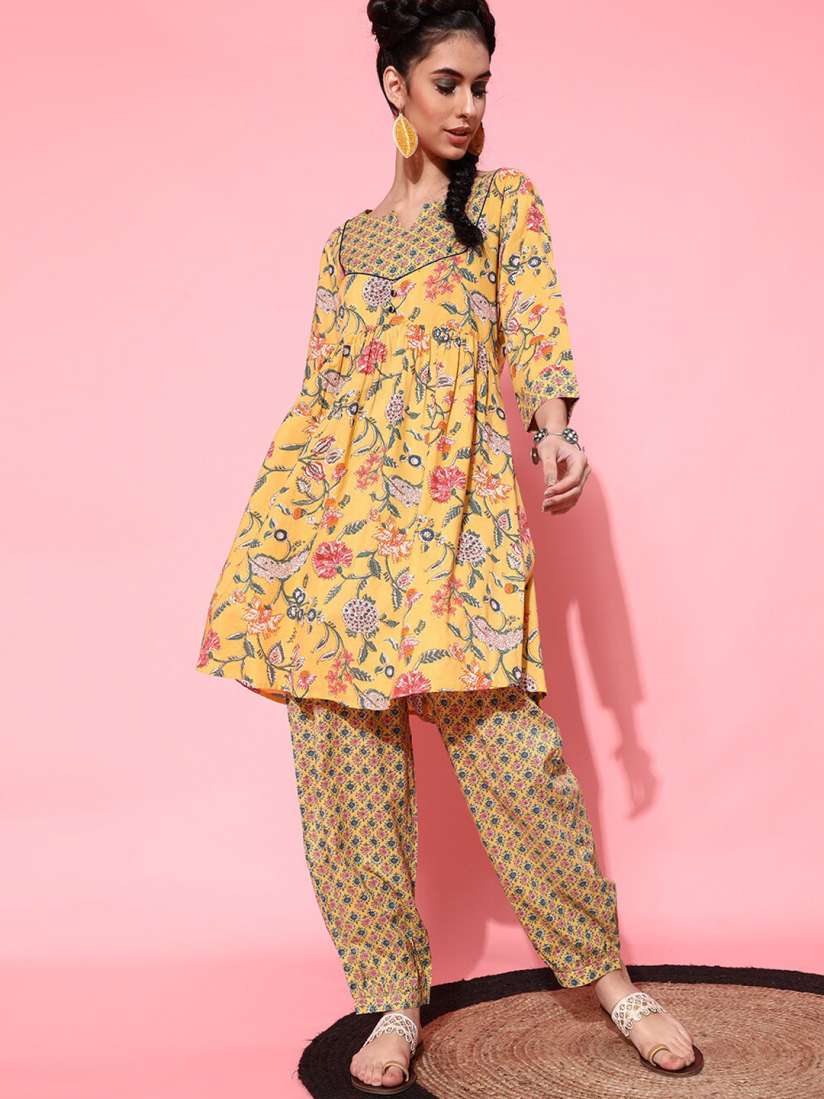 Buy indo street Floral Printed Pure Cotton A Line Kurti With Salwar Kurta Sets for Women 22231876 Myntra