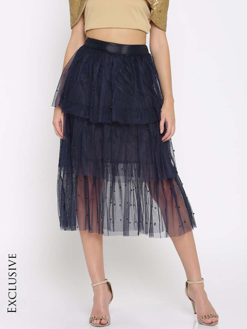 Buy SASSAFRAS Navy Net Tiered A Line Skirt Skirts for Women 2223288 Myntra