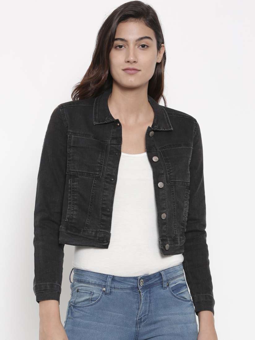 Buy FOREVER 21 Women Black Solid Denim Jacket Jackets for Women 2223472 Myntra