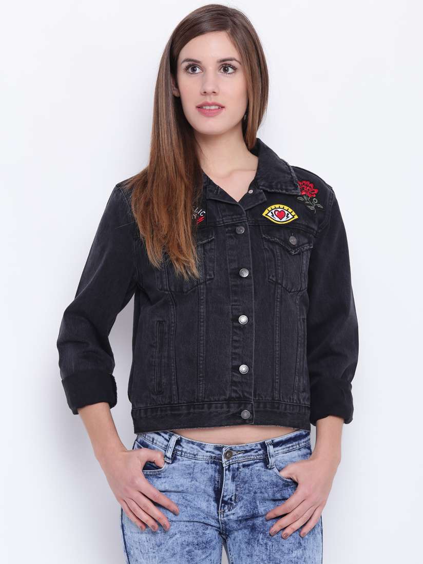 Buy FOREVER 21 Women Black Applique Detail Denim Jacket Jackets for Women 2223519 Myntra
