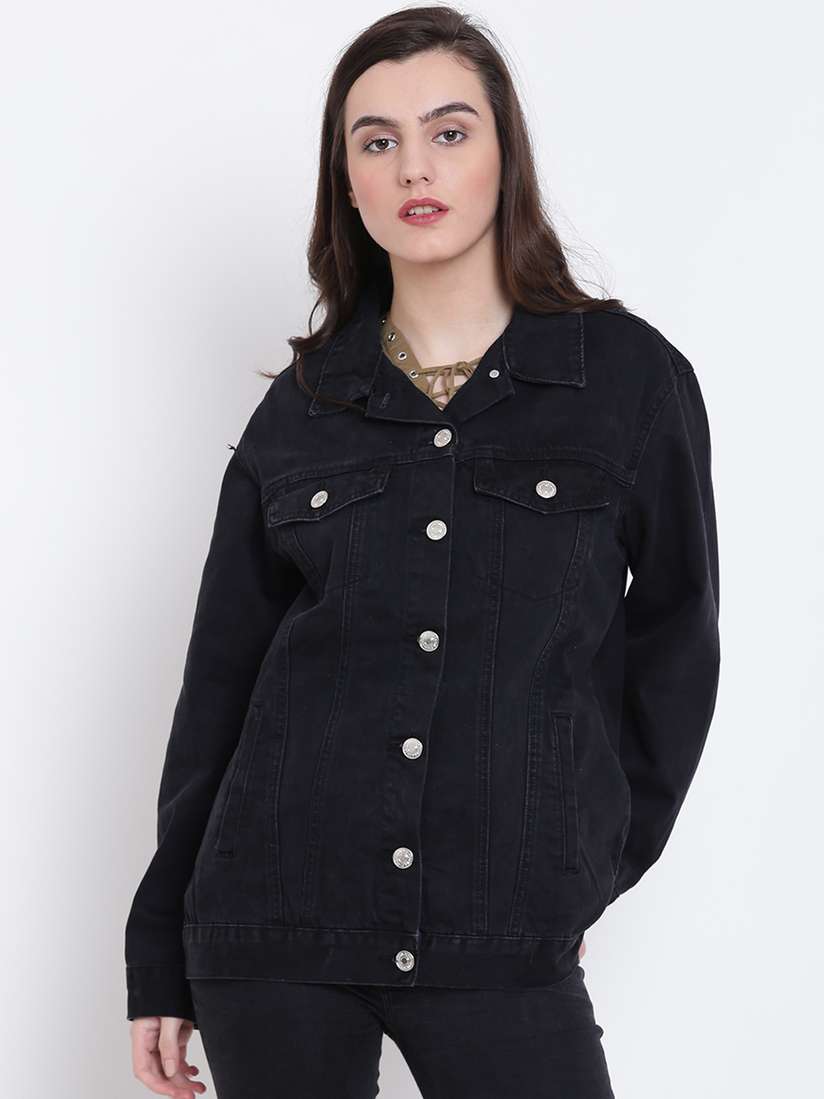Myntra Black Denim Jacket Forever 21 FOREVER 21 Women Black Solid