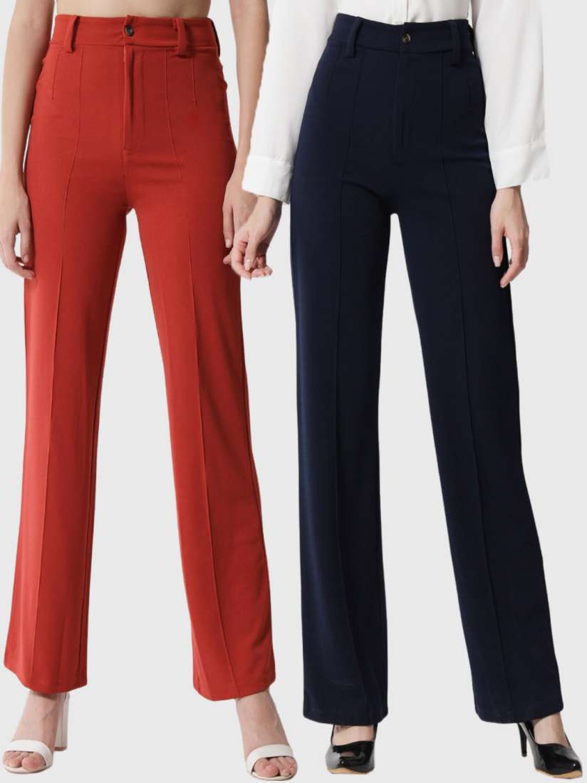 Buy Kotty Women Pack Of 2 Straight Fit High Rise Easy Wash Parallel Trousers Trousers for Women 22239378 Myntra