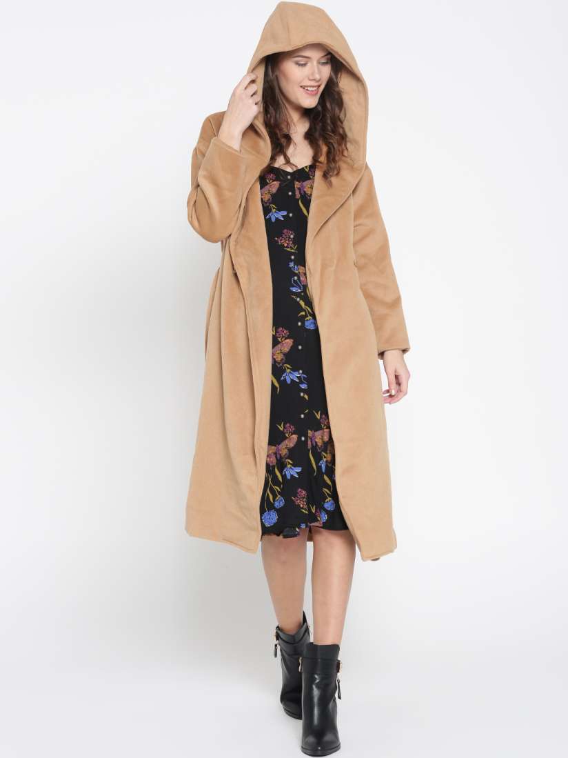 Buy FOREVER 21 Beige Hooded Longline Coat Coats for Women 2224587 Myntra