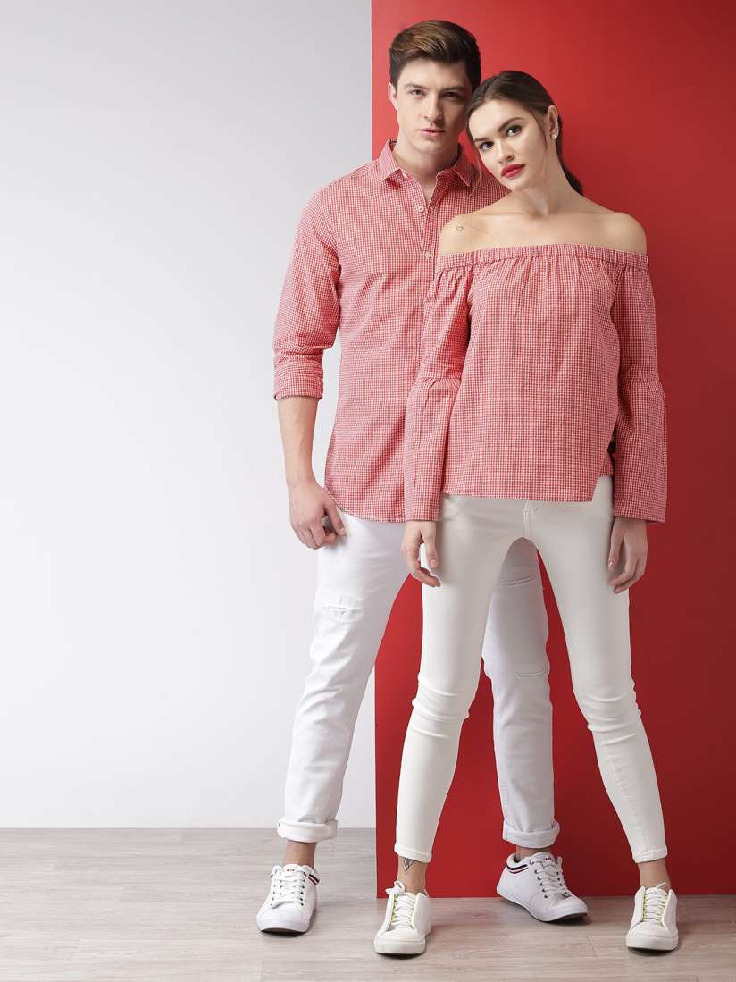 Red and white bardot top on sale