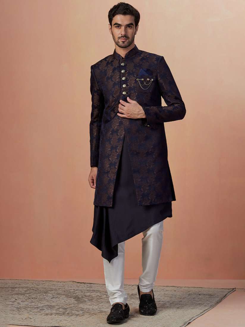 Buy Manyavar Woven Design Long Sleeves Art Silk Traditional Indo Western Sherwani Set Sherwani for Men 22261436 Myntra