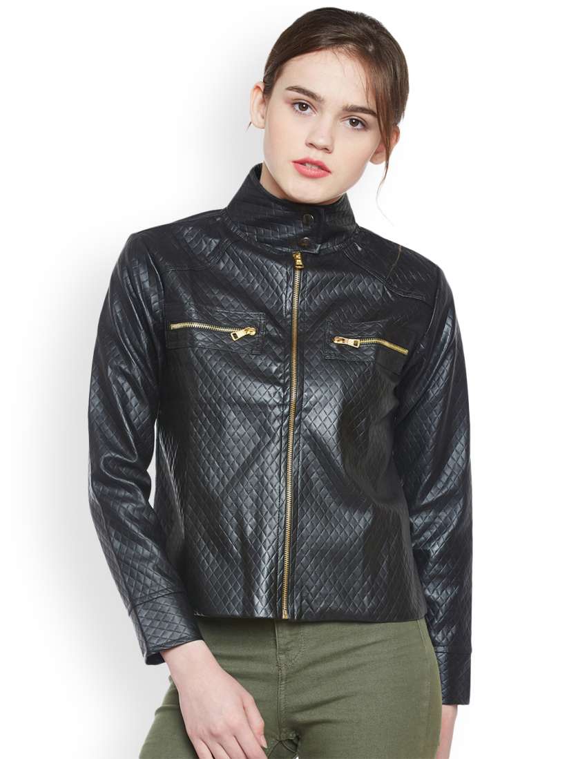 Buy Belle Fille Women Black Self Design Leather Jacket Jackets for Women 2229049 Myntra