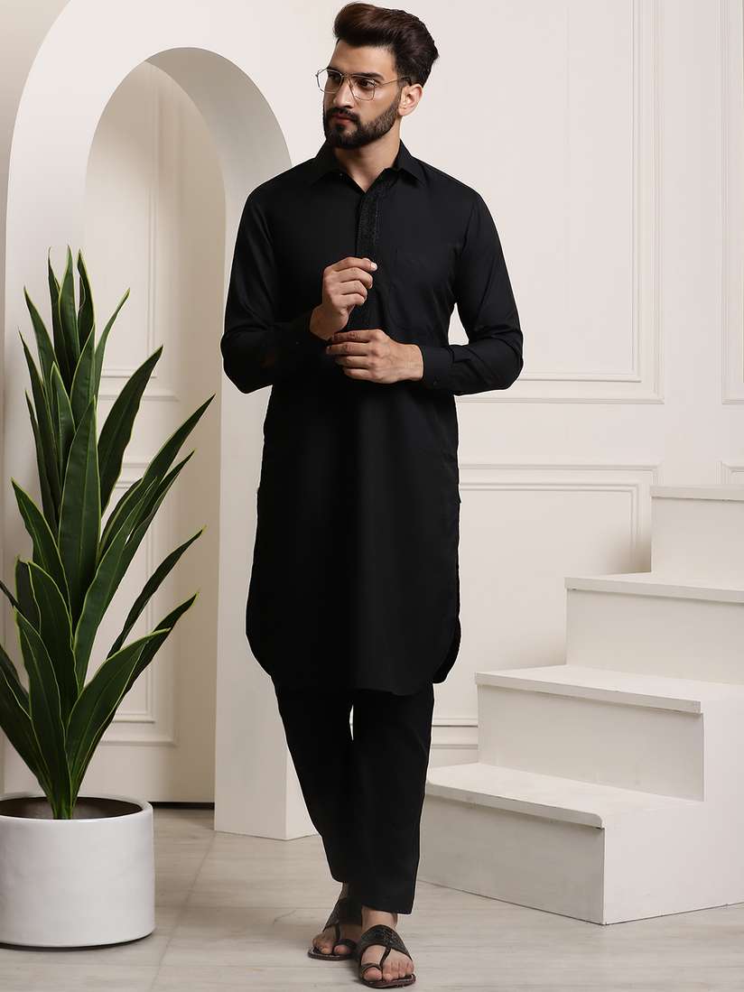 Linen Kurta Black Kurta Pajama For Man Black Cotton Kurta With