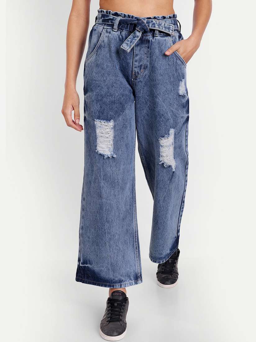 AngelFab Women Jean Wide Leg High-Rise Mildly Distressed Heavy Fade Cotton  Jeans