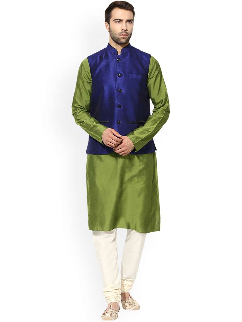 Buy KISAH Men Green Blue Solid Kurta with Churidar Waistcoat Kurta Sets for Men 2232202 Myntra