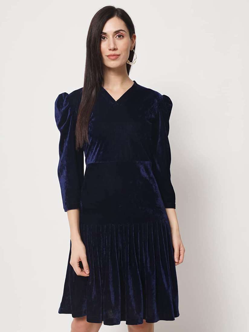 Buy Rudraaksha Creations V Neck Puff Sleeves Velvet A Line Dress Dresses for Women 22330242 Myntra