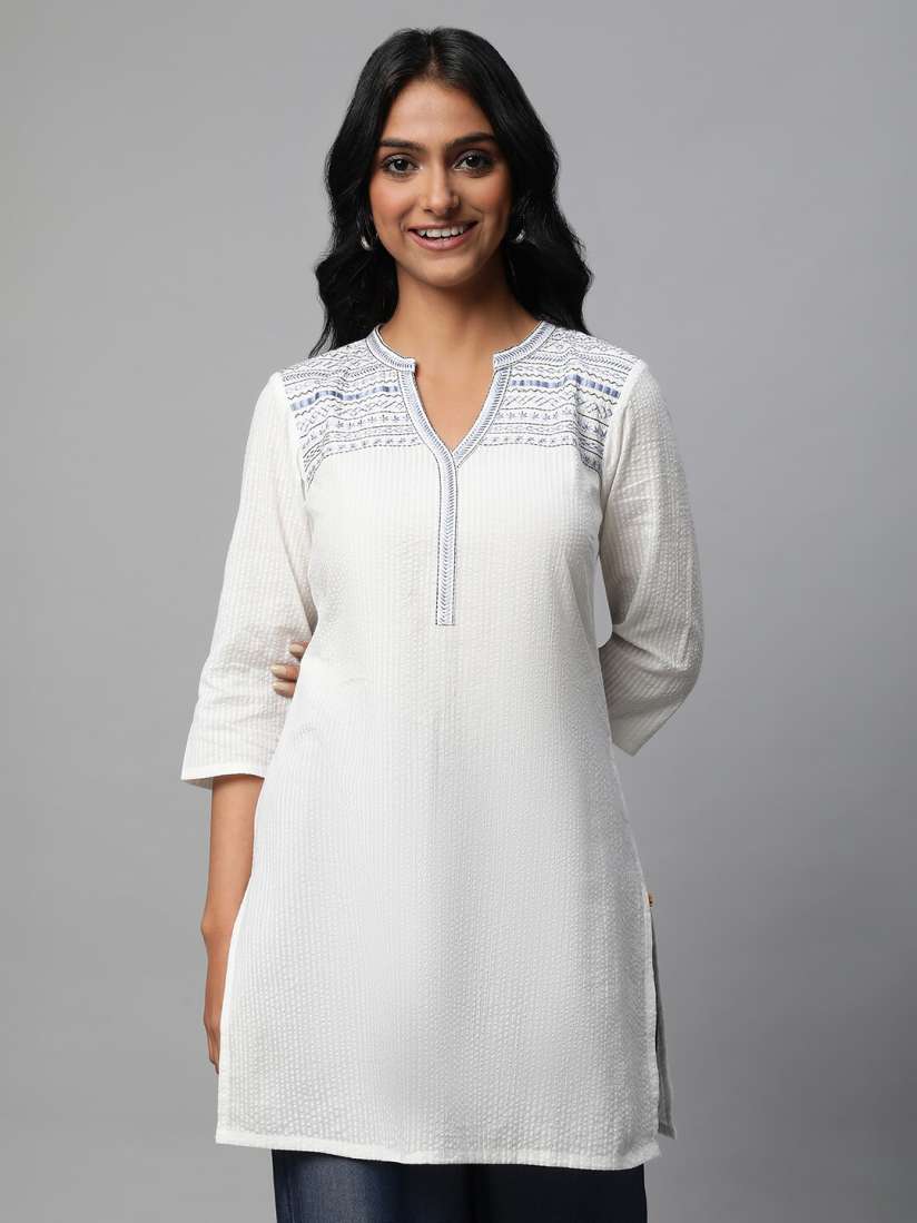 Buy AURELIA Striped Band Collar Thread Work Kurti Kurtis for Women 22349944 Myntra
