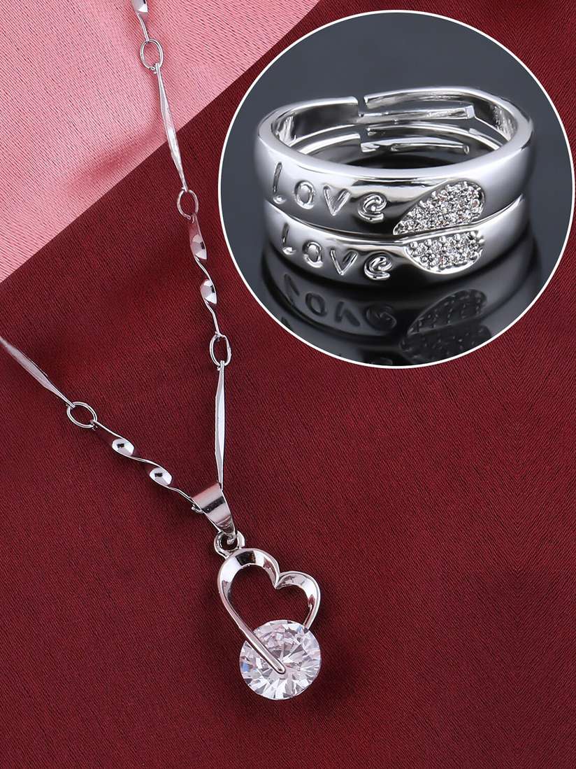 Pendant Rings With Chain Silver Shine Set Of Adjustable Couple