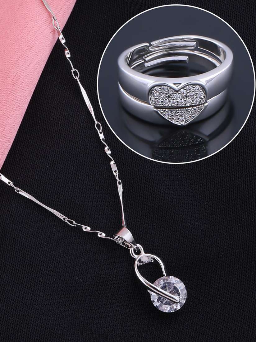Buy Silver Shine Silver Plated AD Studded Necklace With Adjustable Couple Rings Jewellery Set for Unisex 22364612 Myntra