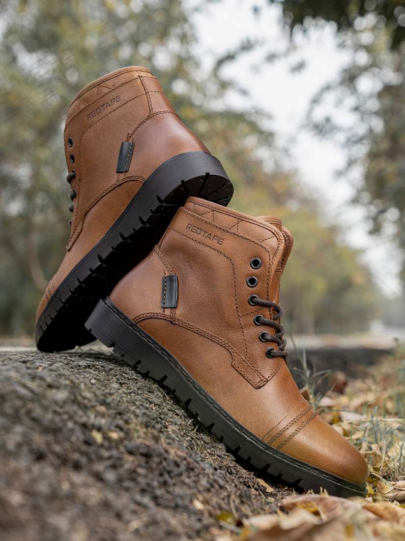 Buy Red Tape Men Textured Leather Mid Top Biker Boots Boots for Men 22379560 Myntra