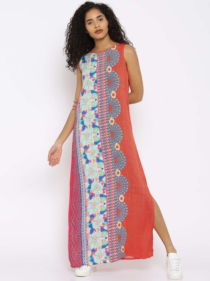 Buy Global Desi Women Coral Orange Printed Maxi Dress Dresses for Women 2239241 Myntra