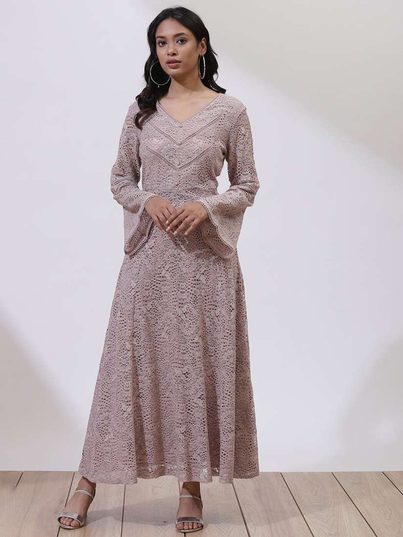 Buy Lakshita Phool Collection V Neck Bell Sleeve Lace Self Design Fit Flare Maxi Dress Dresses for Women 22409514 Myntra
