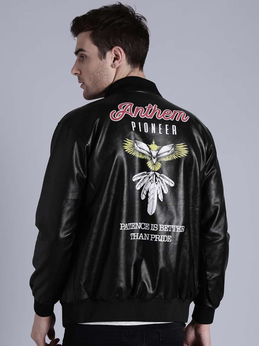 Buy Kook N Keech Men Black Printed Back Faux Leather Bomber Jacket Jackets for Men 2241155 Myntra