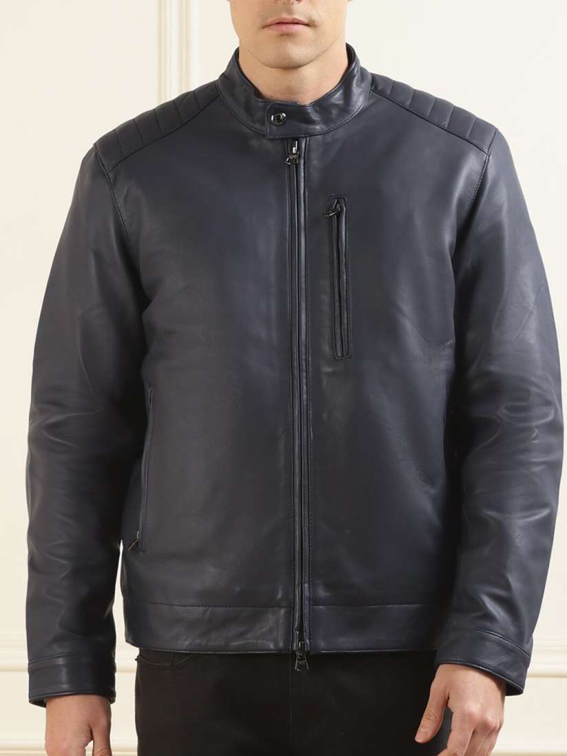 Buy HACKETT LONDON Stand Collar Leather Jacket Jackets for Men 22415038 Myntra