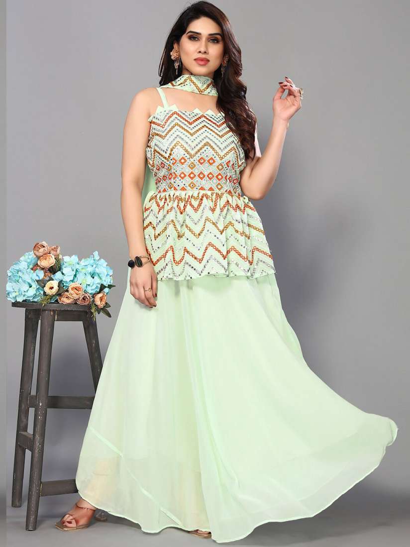Buy Trendz Style Embroidered Shoulder Straps Mirror Work Kurti With Skirt Dupatta Kurta Sets for Women 22453728 Myntra