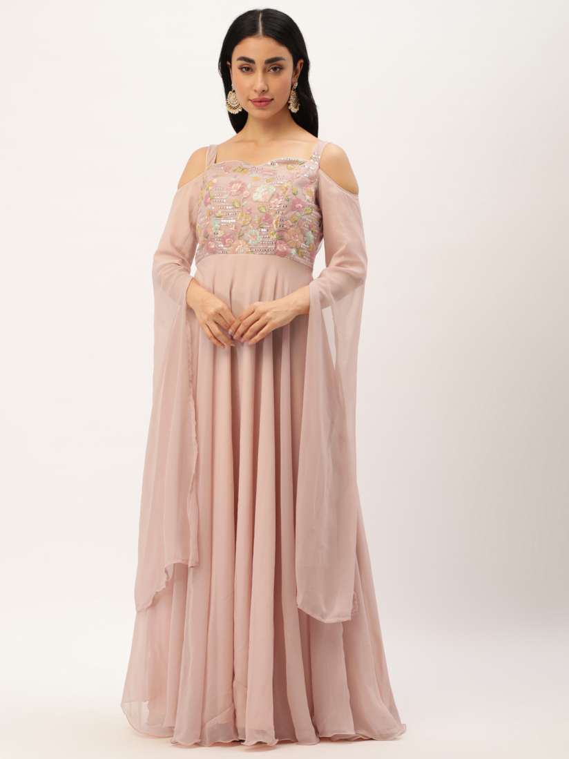 Buy Ethnovog Floral Embroidered Cold Shoulder Georgette Maxi Dress Ethnic Dresses for Women 22458556 Myntra