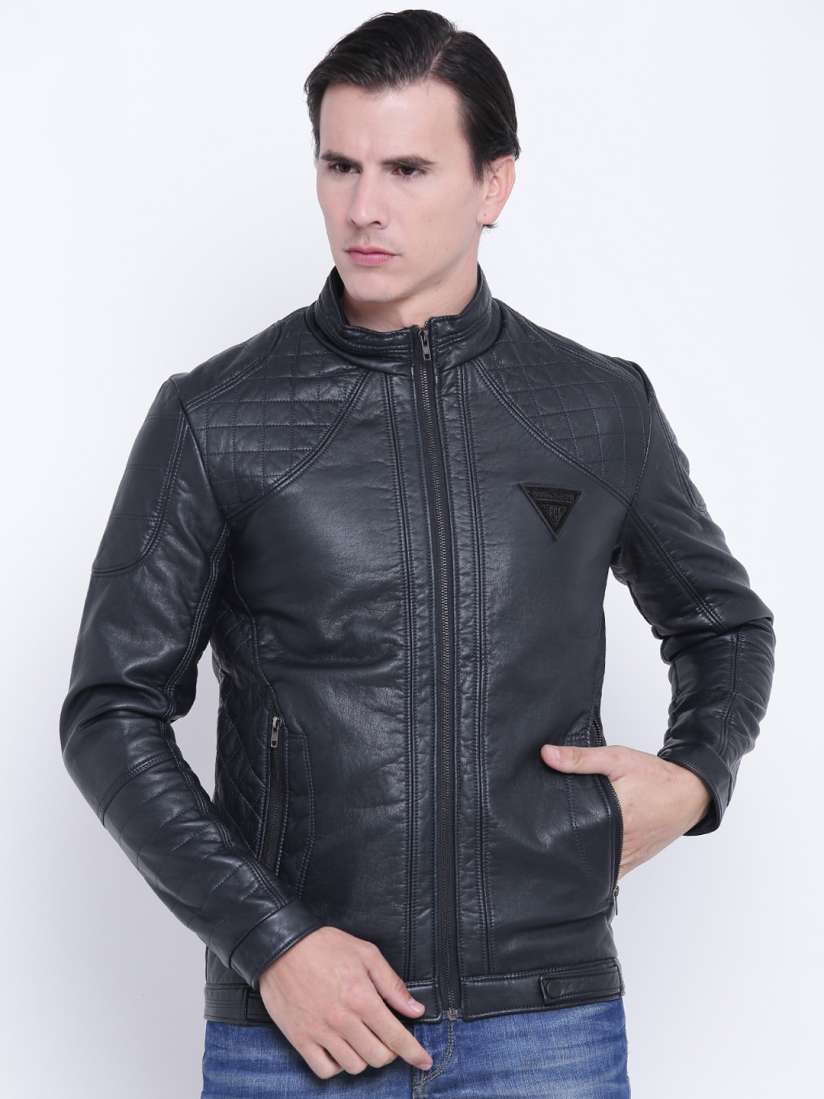 Navy faux leather biker jacket clearance