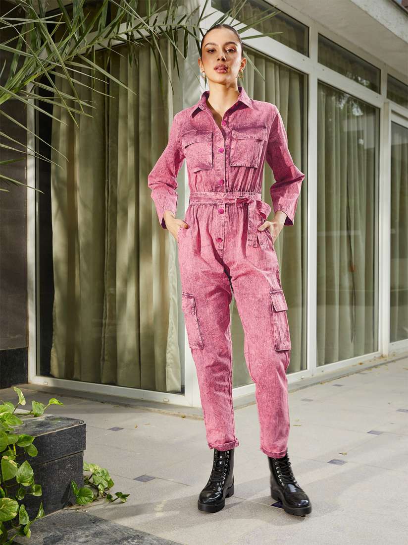 Buy SASSAFRAS Women Shirt Collar Long Sleeves Cotton Cargo Jumpsuit Jumpsuit for Women 22504614 Myntra