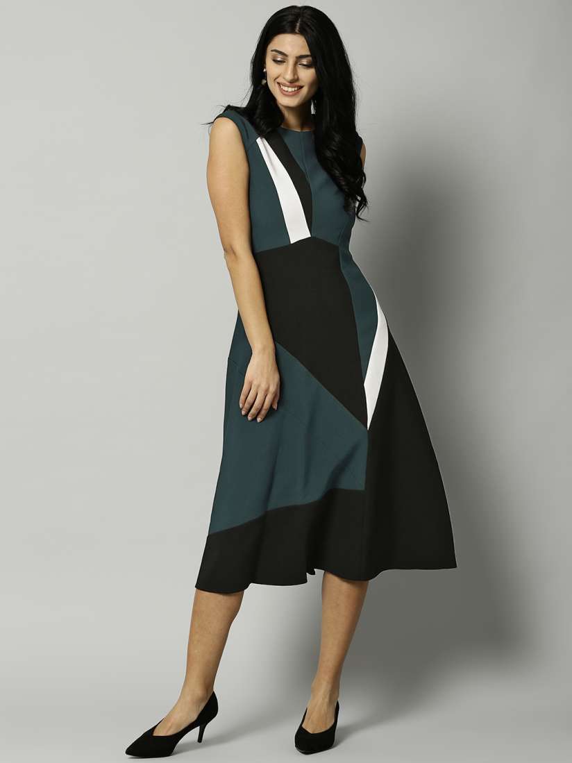 Buy Marks Spencer Women Teal Blue Colourblocked Fit Flare Dress Dresses for Women 2251176 Myntra
