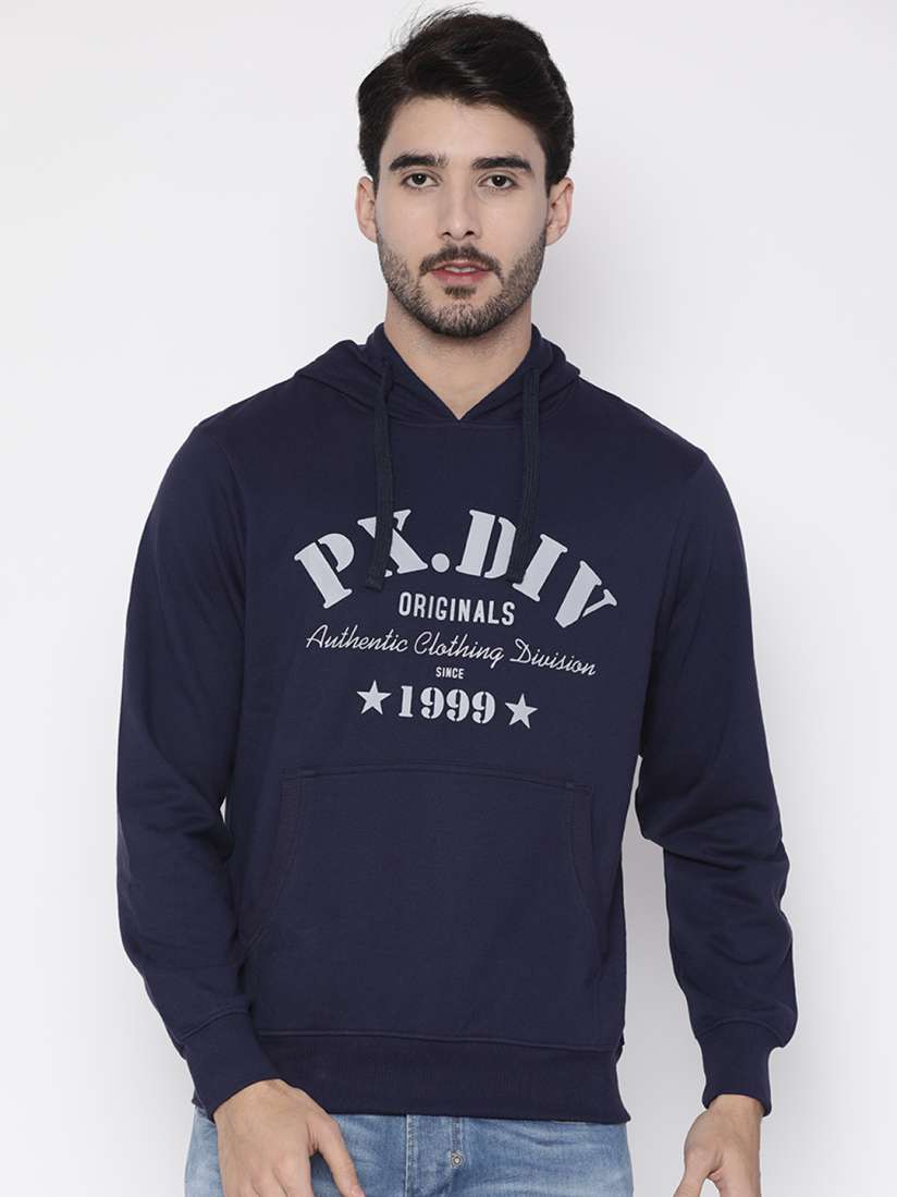 Buy Parx Men Navy Blue Printed Hooded Sweatshirt Sweatshirts for Men 2255813 Myntra