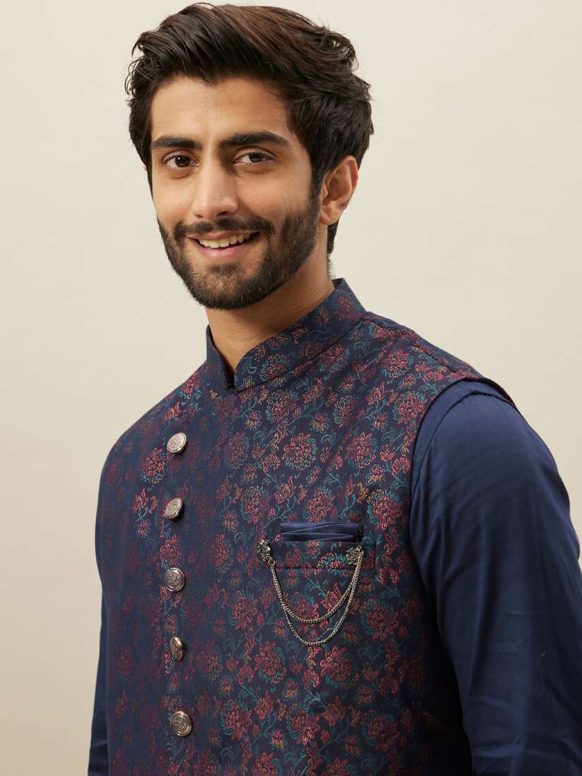 Buy Manyavar Men Blue Printed Regular Pure Cotton Kurta and Pyjamas with Long Jacket Kurta Sets for Men 22566664 Myntra