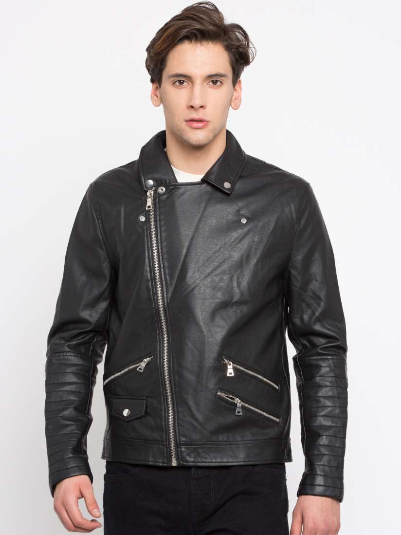 Buy FOREVER 21 Men Black Solid Biker Jacket Jackets for Men 2260828 Myntra